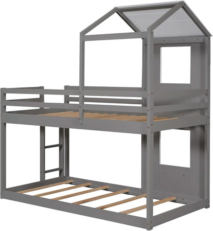 Twin Over Twin House Bunk Bed With Roof And Ladders Grey