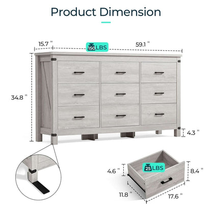 59 Inch Washed Grey Modern Farmhouse DresserWithNineDrawers