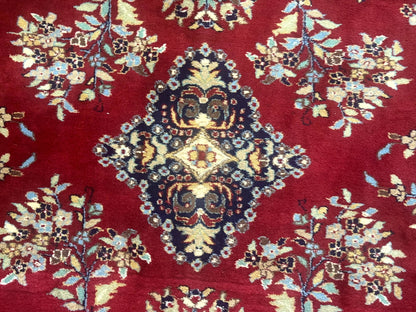 Indo Persian Sarouk Rug 10x14, Large Red and Navy Blue Carpet, Traditional Floral Wool Rug
