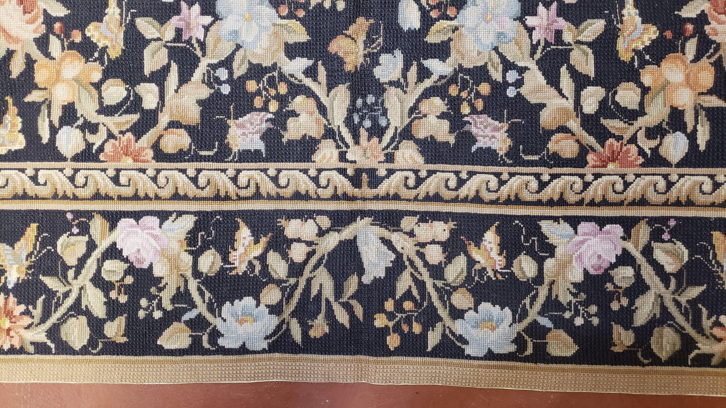 6x9 Vintage Needlepoint Rug Petitepoint Carpet Butterflies Floral Design Dark Brown & Tan 6 x 9 Handmade Flatweave Area Rug