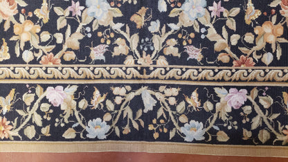 6x9 Vintage Needlepoint Rug Petitepoint Carpet Butterflies Floral Design Dark Brown & Tan 6 x 9 Handmade Flatweave Area Rug