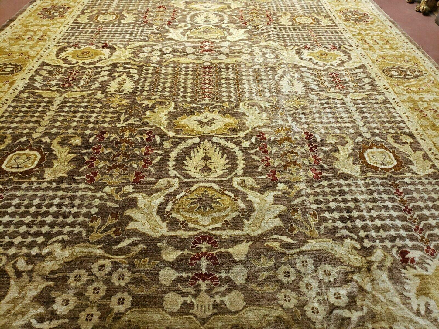 10' X 14' Handmade Pak Peshavar Chobi Agra Wool Carpet Coffee Brown Gold
