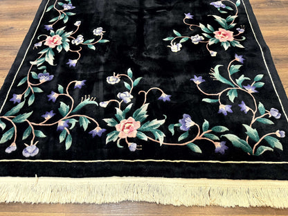 Chinese Wool Rug 6x9, Black, Floral, Minimal Design, 90 Line Carpet, Vintage Art Deco Rug