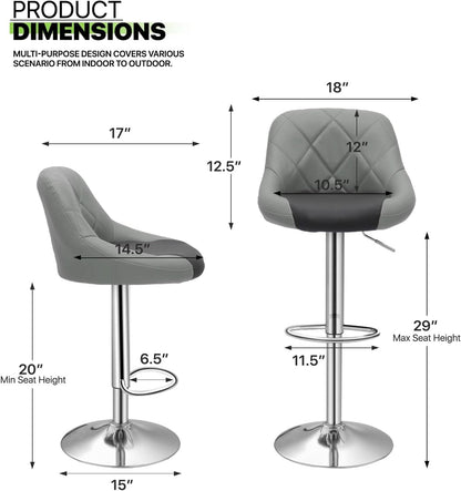 Height Adjustable Grey PU Leather Bar Stools Set Of 2