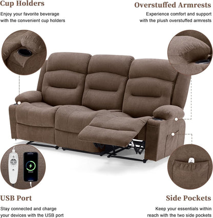 Brown Fabric Recliner Sofa With Heated Massage USB Port