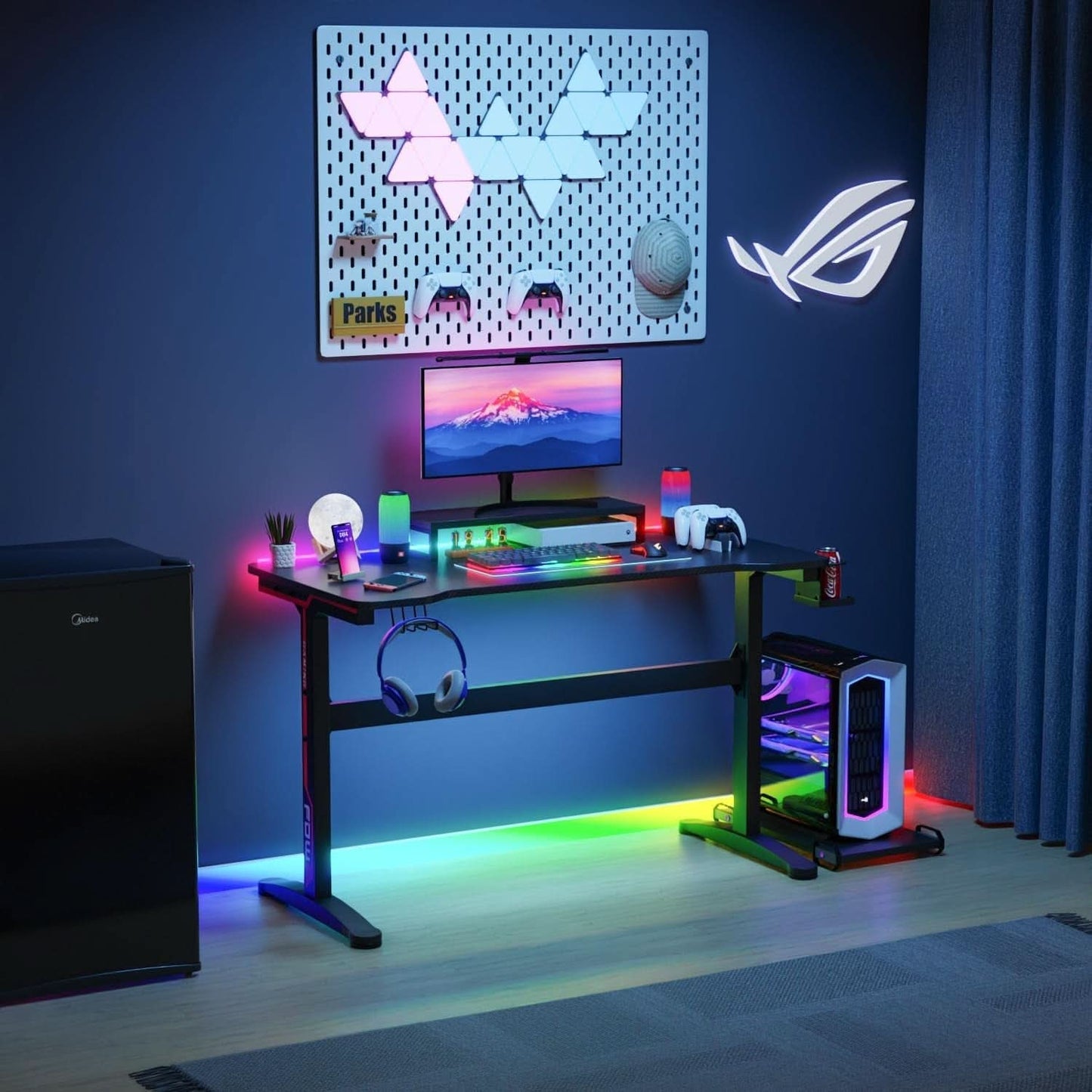 47 Inch T Shaped Gaming Desk With Cup Holder And Headphone Hook