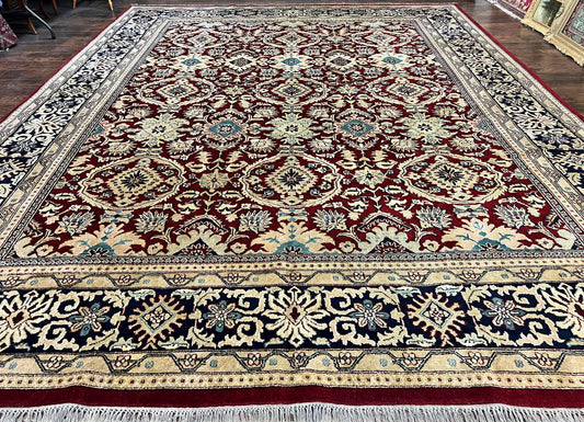 Extra Large Indian Agra Rug 11x15, Floral Allover, Maroon, Hand Knotted Handmade Vintage Oriental Carpet, Palace Sized