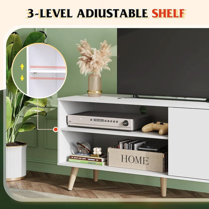 55-Inch TV Stand White Mid-Century Modern Storage Shelves