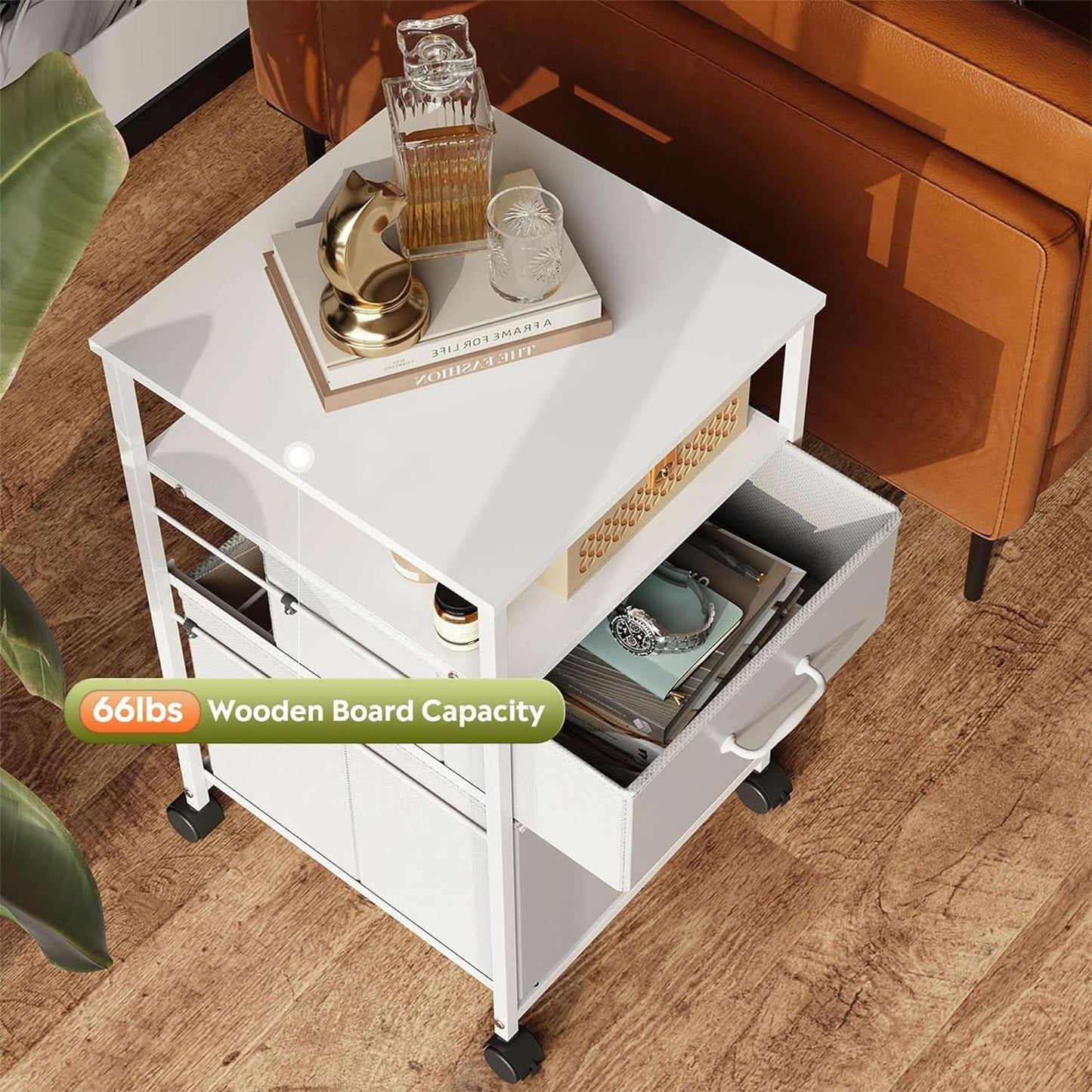 2 Drawer Fabric Vertical Filing Cabinet With Rolling Printer Stand For Home Office White