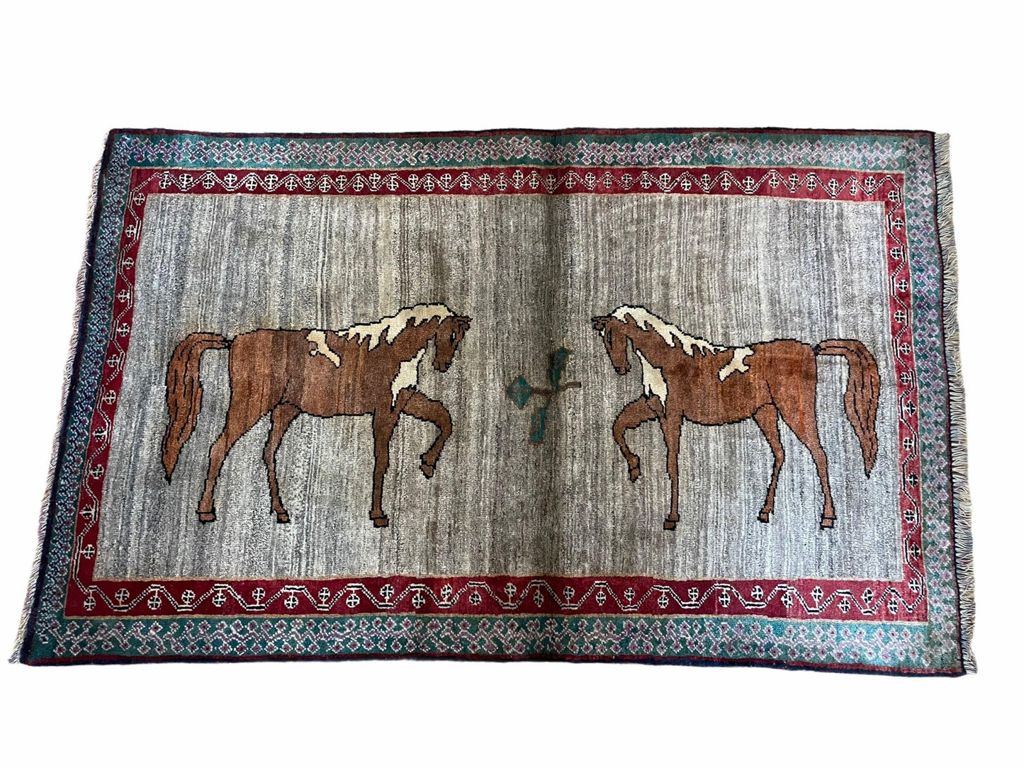 4 X 6 Handmade Rug Zagros New Vintage Quality Wool Rug Horses Silver Brown Nice
