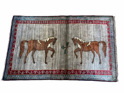 4 X 6 Handmade Rug Zagros New Vintage Quality Wool Rug Horses Silver Brown Nice