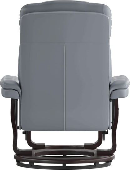 Gray Recliner With Swivel Mahogany Base And Ottoman