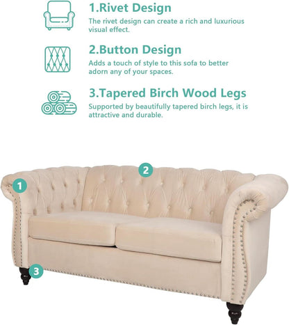 Beige Velvet 3 Piece Living Room Set With Chesterfield Sectional Sofa And Loveseat