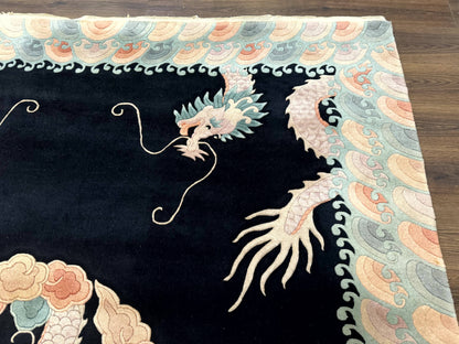 Black Chinese Wool Rug 8x10 with Dragons, Rainbow Borders, Rare