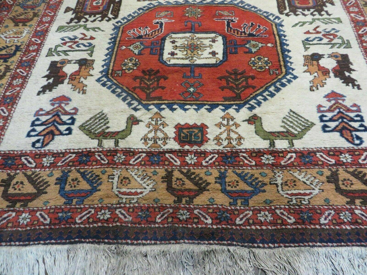 7' X 10' Vintage Handmade Knotted Turkish Wool Rug Birds Animal Ivory Organic