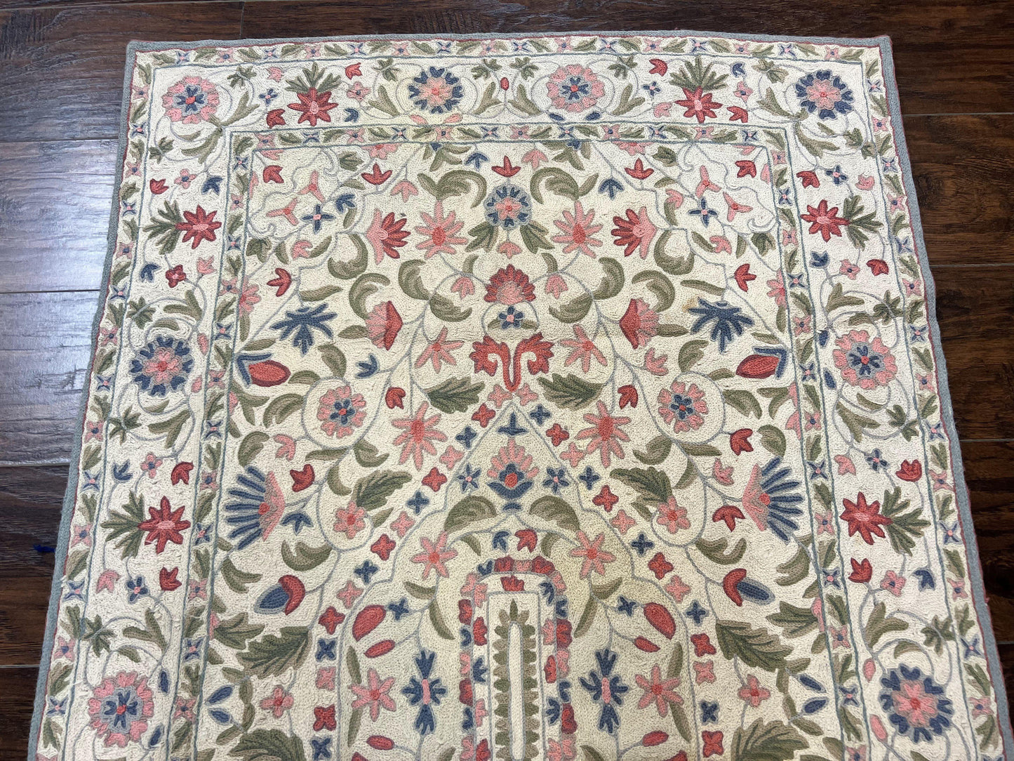 Hand Stitched Indian Rug 4x5, Floral, Vintage Hand Embroidered Rug