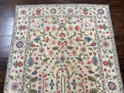 Hand Stitched Indian Rug 4x5, Floral, Vintage Hand Embroidered Rug
