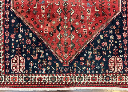 Persian Tribal Rug 3.6 x 5 ft, Persian Abadeh Rug, Geometric Medallion Bird Motifs, Red and Navy Blue Hand Knotted Handmade Wool Vintage Oriental Carpet
