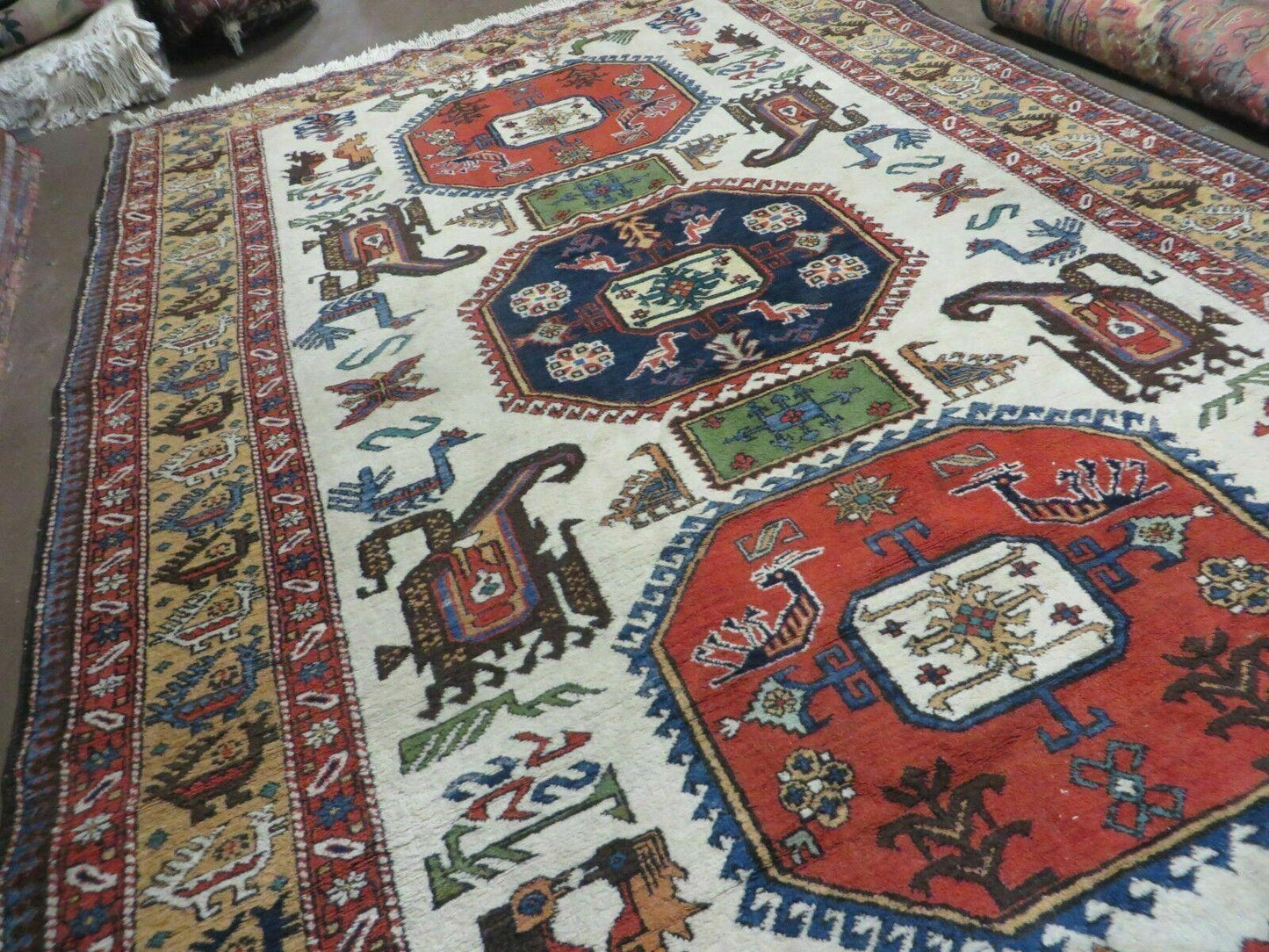 7' X 10' Vintage Handmade Knotted Turkish Wool Rug Birds Animal Ivory Organic