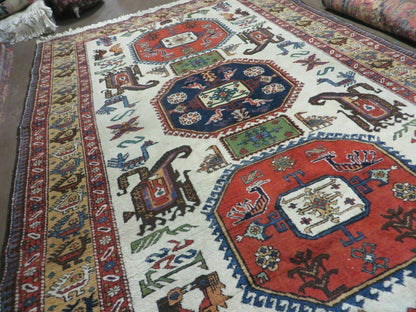 7' X 10' Vintage Handmade Knotted Turkish Wool Rug Birds Animal Ivory Organic
