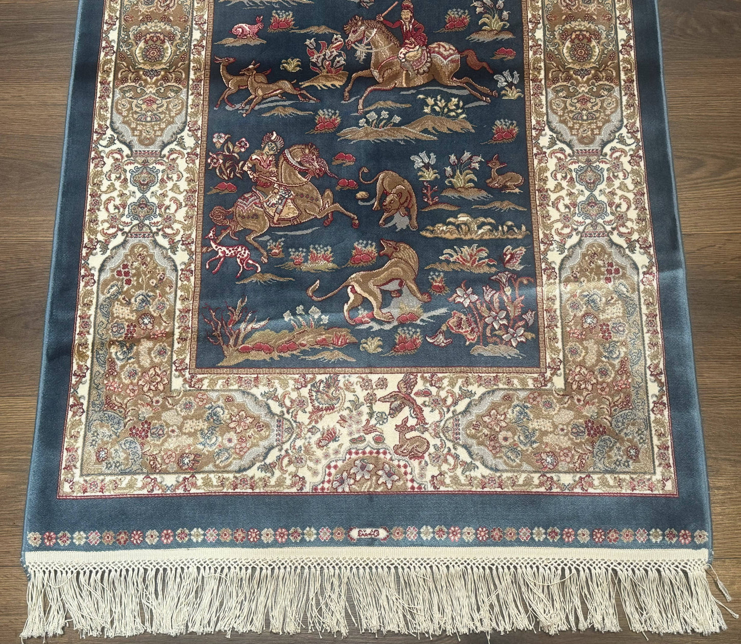 Turkish Silk Hunting Scene Rug 2.6 x 5, Dark Steel Blue & Ivory, Bamboo Silk, New