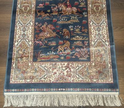 Turkish Silk Hunting Scene Rug 2.6 x 5, Dark Steel Blue & Ivory, Bamboo Silk, New