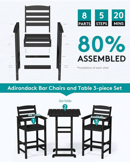 Black Balcony Adirondack Bar Chair Set With Table 3 Piece