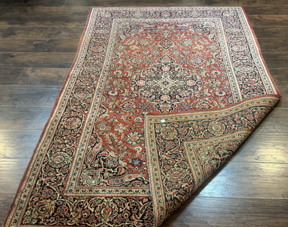 Persian Kashan Rug 4x7, Red, Floral Medallion, Vintage, Wool