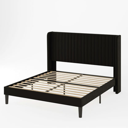 Queen Size Velvet Bed Frame With Wingback Headboard Storage