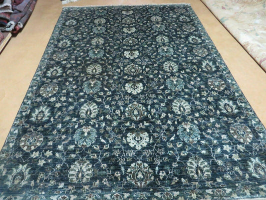 5' 6" X 8' Vintage Handmade Pakistani Floral Oriental Wool Rug Black Dark Grey