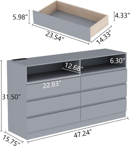 Six Drawer LED Dresser With USB Charging Ports For Bedroom