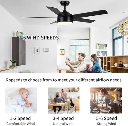 52 Inch Black Ceiling Fan With Dimmable 3 Color LED Lights And Remote