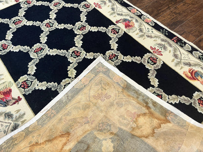 Hooked Rug 5x8, European Aubusson Pattern, Black and Ivory, Roses & Roosters, Vintage Wool Rug
