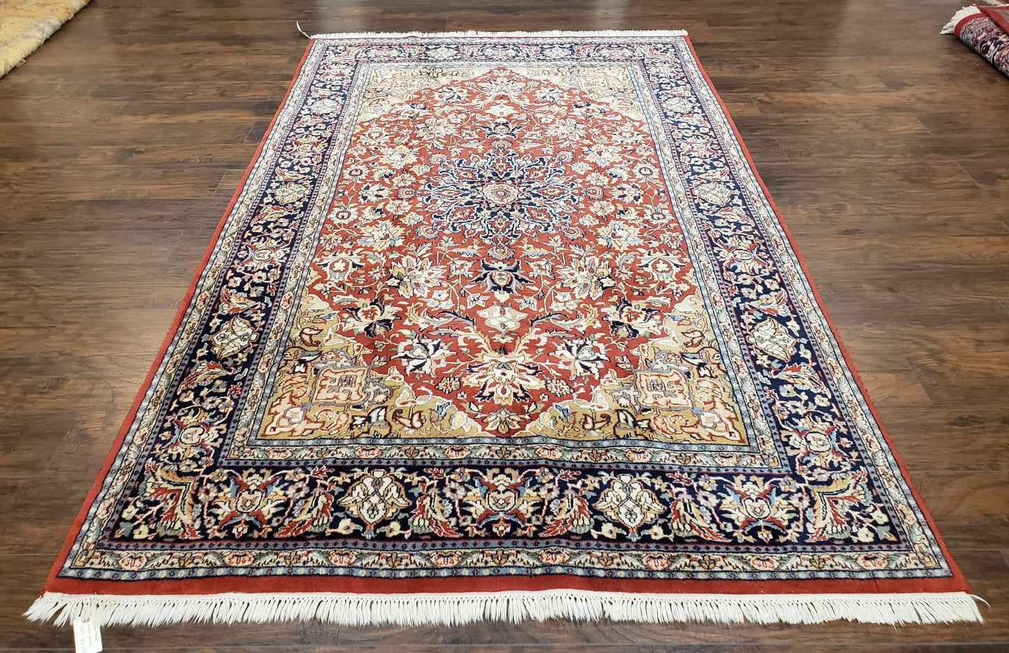 Vintage Indo Persian Oriental Rug 6 x 9.6, Wool Hand-Knotted Red Dark Blue & Gold Indian Carpet, 6 x 9 Office Room Rug, Floral Medallion