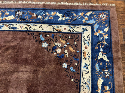 Antique Chinese Wool Rug 9x11, Large Chinese Art Deco Rug, Peking Rug, Brown and Blue, Open Field, Fete Rug