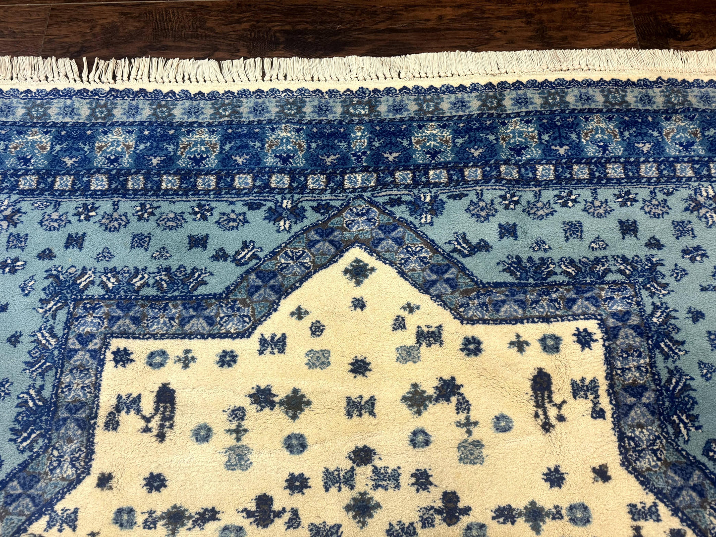 Moroccan Rug 7x10, Geometric Medallion, Blue and Ivory