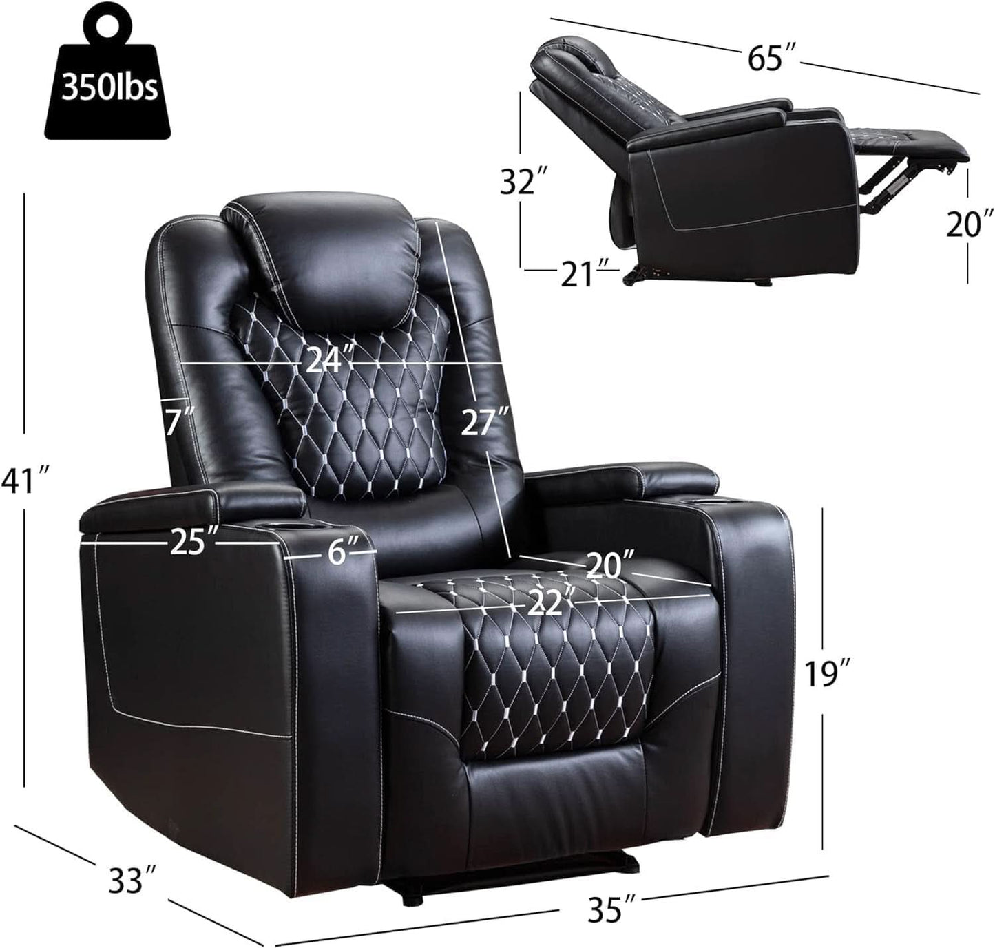 Power Recliner Chair With USB Ports And Cup Holders Black