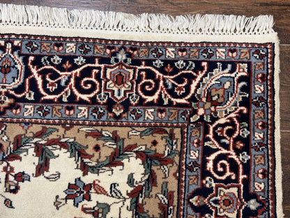 Indian Kashmiri Rug 4x6, Ivory Beige Navy Blue, Traditional Indo Persian Rug