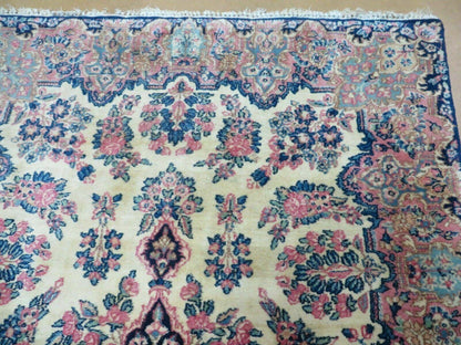 Antique Persian Kirman Rug 3.9 x 6.6, Floral Oriental Carpet, Ivory/Cream - Blue - Pink, Hand Knotted Wool Rug, Floral Medallion Rug 4x6