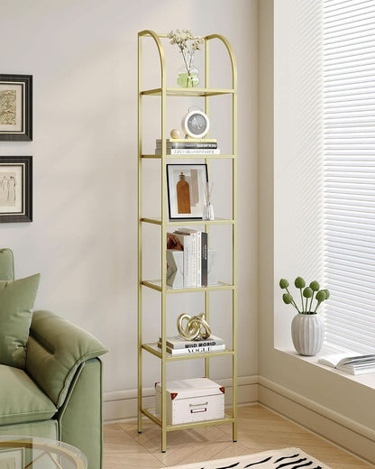 Bookcase Bookshelf 6 Tier Gold Tempered Glass Arched Top