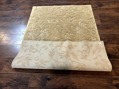 Modern Tibetan Rug 3.7 x 5.5, Carved Floral Design, Wool and Silk Highlights