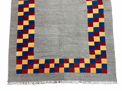 Gray Kilim Carpet, Yellow, Red, Blue Checkerboard Pattern, Flatweave, New, Geometric, Hand-Knotted, Wool, Turkish Area Rug, 5' 9" x 7' 9"