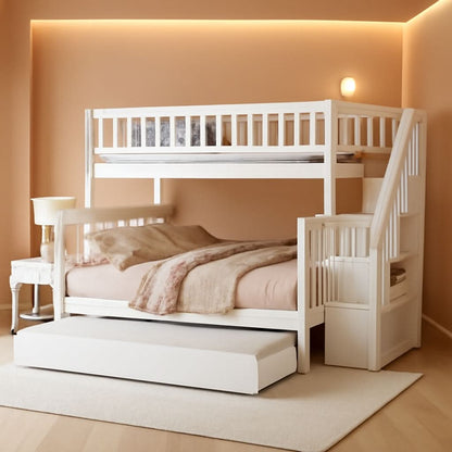 Twin Over Full Bunk Bed With Stairs And Trundle White Wood