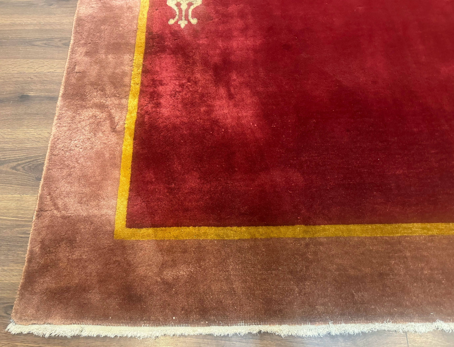 Red Chinese Art Deco Rug 9x11, Simple Design, Wool Chinese Area Rug, Antique