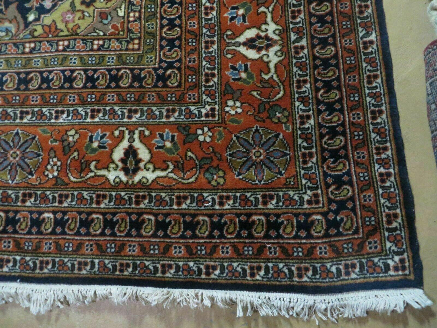 Indo Persian Rug 9x12, Semi Open Field Medallion, Ivory Tomato Red Navy Blue, Hand Knotted Indian Oriental Wool Carpet 9 x 12 ft, Room Sized