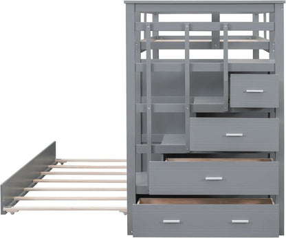 Natural Gray Twin Bunk Bed With Trundle And Stairs