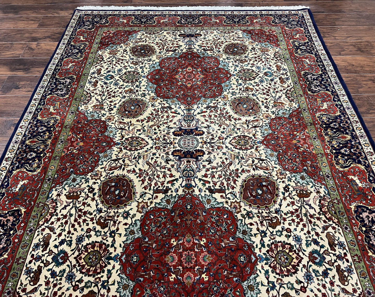 Wonderful Sino Persian Rug 6x10 with Animal Pictorial Motifs, Cream Dark Red Navy Blue, Birds Gazelles, Two Medallions, Top Quality Handmade