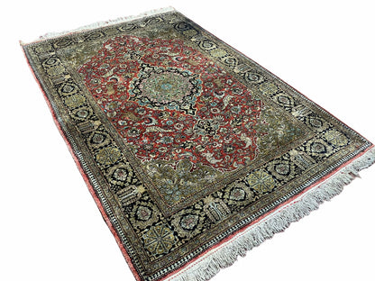 Persian Qum Silk Rug 3.8 x 5.6, Silk on Silk, Animal Pictorials, Fine 330 KPSI