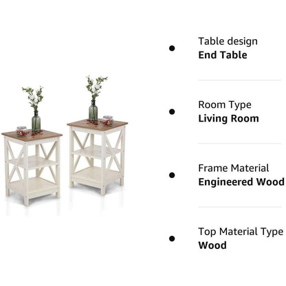 Rustic Ivory End Table Set Of 2 With Shelves 23.6 Inch