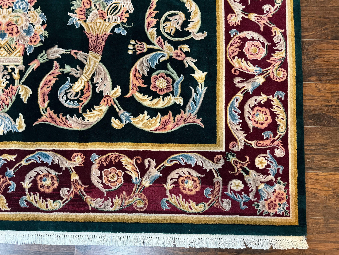 Aubusson Rug 9x12, Dark Green, European Design, Vintage Fine Handmade Carpet, Elegant